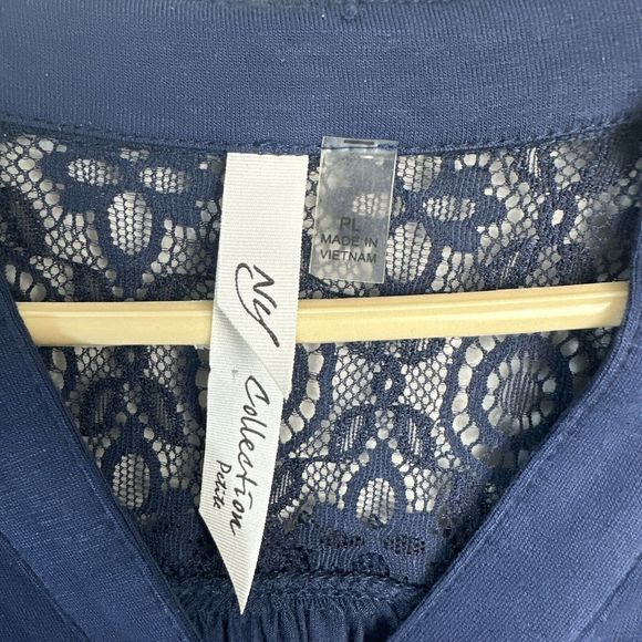 NY Collection Blouse Women P Large Blue 1/4 Button Up Mesh Insert Long Sleeve - Picture 4 of 11